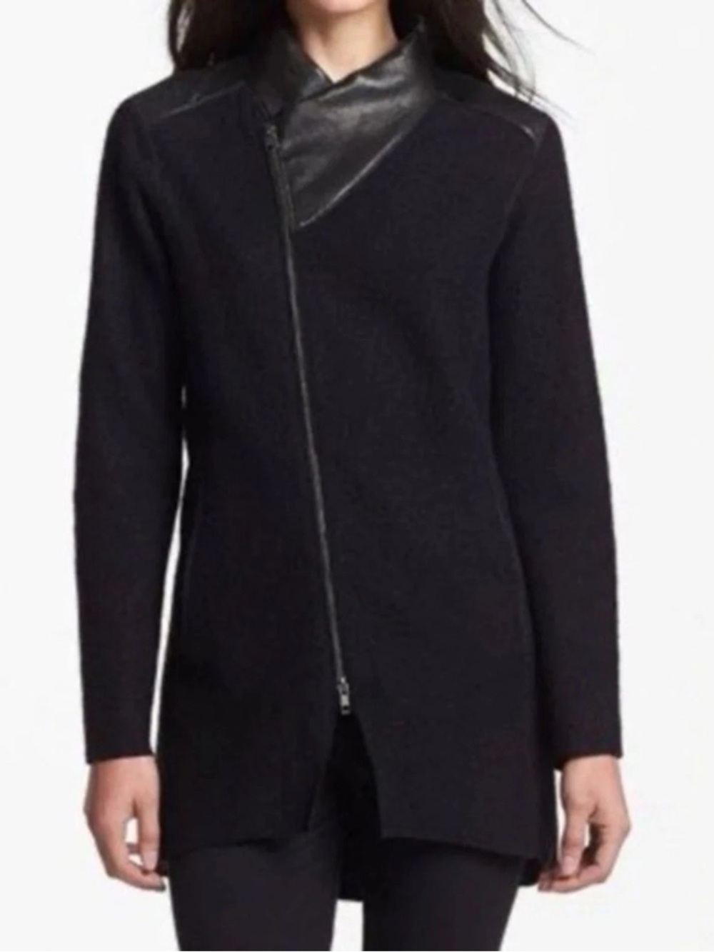 Eileen Fisher Black Merino Wool Leather Trim Asym Zip Coat S